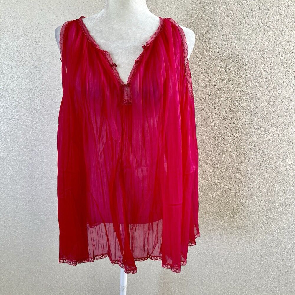 Vintage Vanity Fair Hot Pink Tricot Nylon Sheer Night Slip Dress Size Small USA